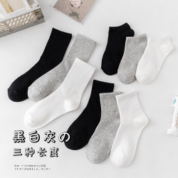 潮女純棉春鞦黑色白襪子