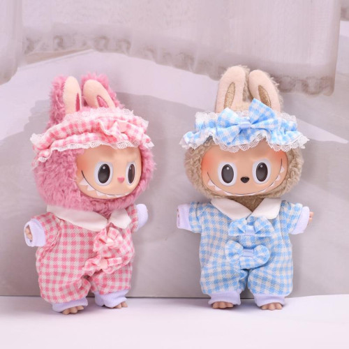 拉佈佈娃衣17cm情侶款藍粉色睡衣LABUBU搪膠公仔爬爬服套裝衣服