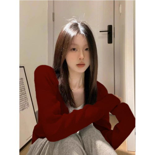 安可拉紅長袖v領春鞦寬松假兩件