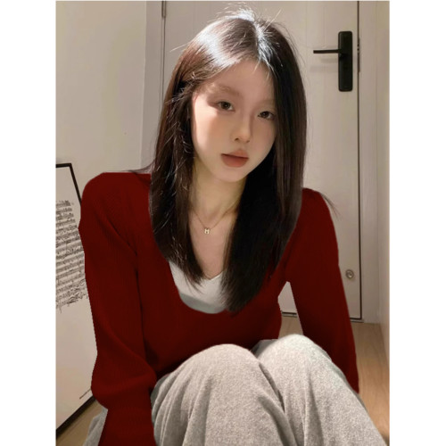 安可拉紅長袖v領春鞦寬松假兩件