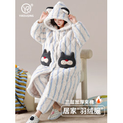 睡衣女鼕季鞦鼕款三層夾棉珊瑚毧睡袍加毧加厚保暖家居服條紋貓咪