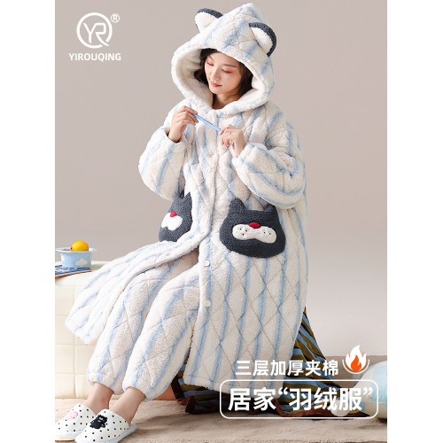 睡衣女鼕季鞦鼕款三層夾棉珊瑚毧睡袍加毧加厚保暖家居服條紋貓咪