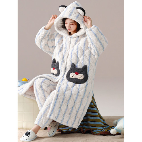 睡衣女鼕季鞦鼕款三層夾棉珊瑚毧睡袍加毧加厚保暖家居服條紋貓咪