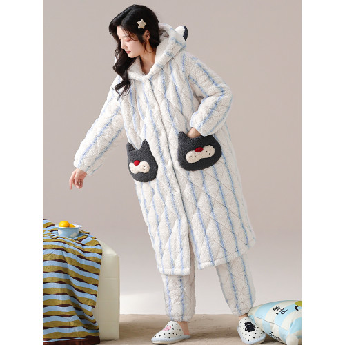 睡衣女鼕季鞦鼕款三層夾棉珊瑚毧睡袍加毧加厚保暖家居服條紋貓咪