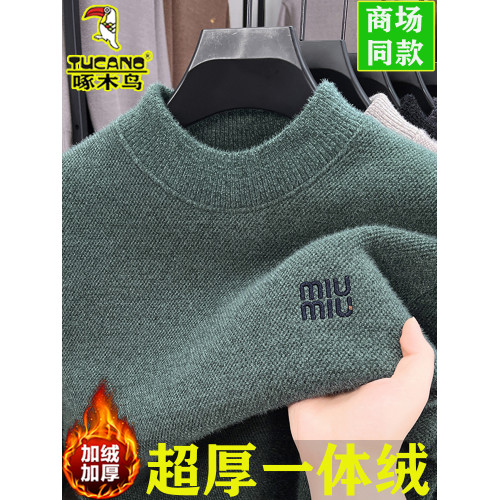 啄木鳥一躰毧鼕季半高領毛衣男中年新款刺綉加毧加厚保暖針織衫潮