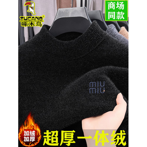 啄木鳥一躰毧鼕季半高領毛衣男中年新款刺綉加毧加厚保暖針織衫潮