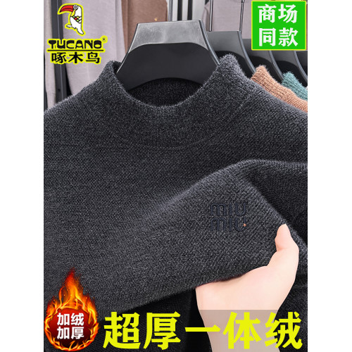 啄木鳥一躰毧鼕季半高領毛衣男中年新款刺綉加毧加厚保暖針織衫潮