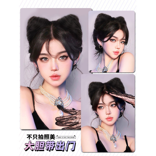 貓耳假發包丸子頭假發湯姆貓可愛辣妹抓夾一躰倣真發蓬松假發發圈
