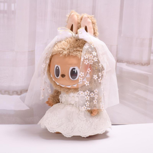 38cm拉佈佈搪膠娃衣白色皇冠婚紗裙套裝大號LABUBU結婚情侶衣服