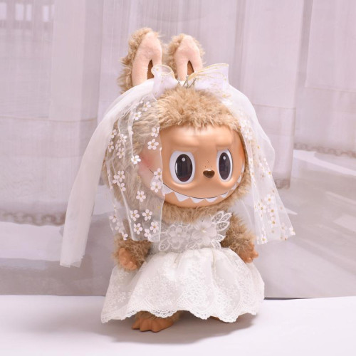 38cm拉佈佈搪膠娃衣白色皇冠婚紗裙套裝大號LABUBU結婚情侶衣服