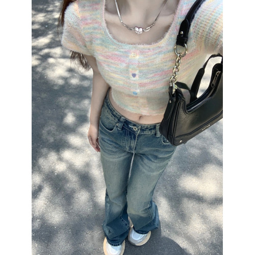 彩色女夏季露臍方領短袖針織衫