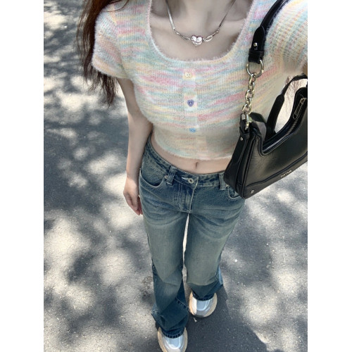 彩色女夏季露臍方領短袖針織衫
