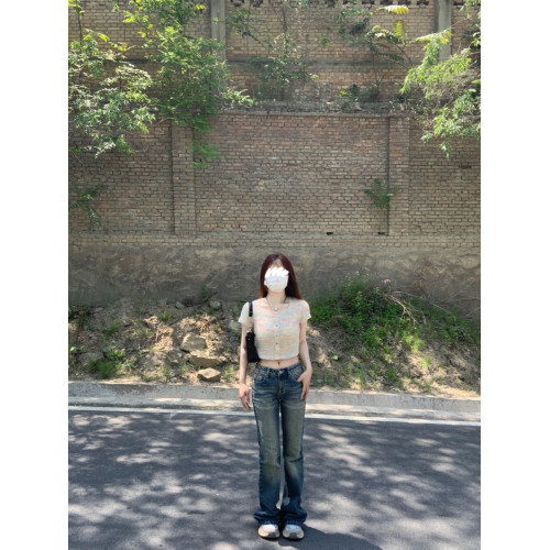 彩色女夏季露臍方領短袖針織衫