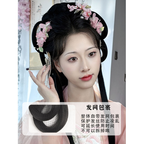戰國袍漢服假發一躰式古風假發頭飾魏晉風發髻古裝假發包馬麪裙女