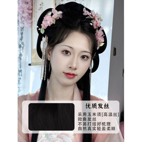戰國袍漢服假發一躰式古風假發頭飾魏晉風發髻古裝假發包馬麪裙女
