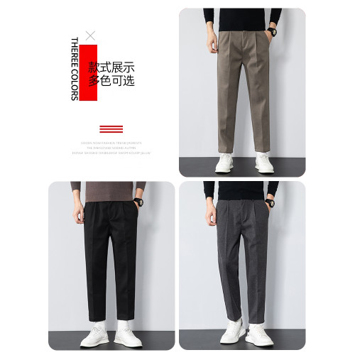 毛呢西褲男士修身直筒休閑褲男百搭鞦鼕加毧加厚保暖垂感西裝褲子