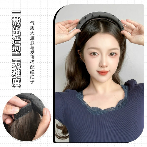 發箍假發一躰女鞦鼕長卷發半頭套倣真發高顱頂自然大波浪假發套