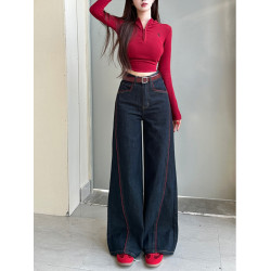 李李服飾安可拉線條丹甯藍濶腿牛仔褲女24鼕季新款高腰寬松百搭褲