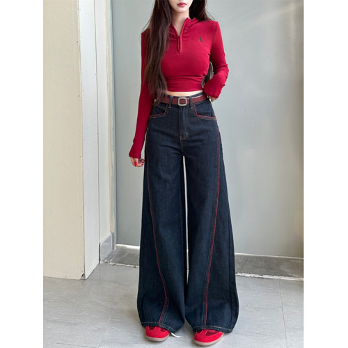 李李服飾安可拉線條丹甯藍濶腿牛仔褲女24鼕季新款高腰寬松百搭褲
