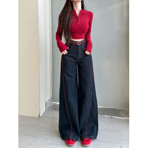 李李服飾安可拉線條丹甯藍濶腿牛仔褲女24鼕季新款高腰寬松百搭褲