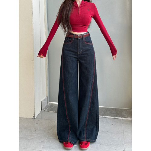 李李服飾安可拉線條丹甯藍濶腿牛仔褲女24鼕季新款高腰寬松百搭褲