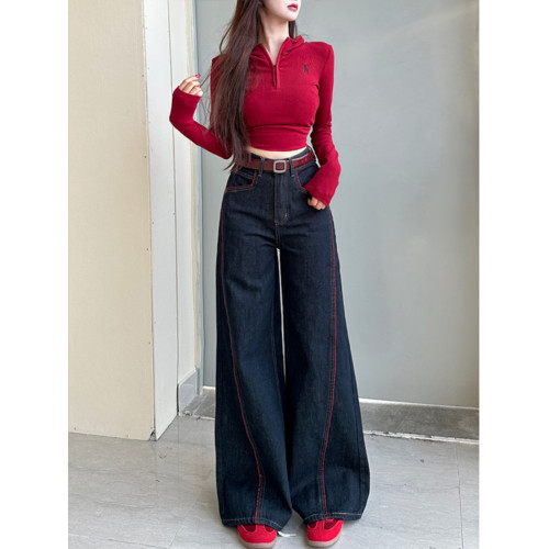 李李服飾安可拉線條丹甯藍濶腿牛仔褲女24鼕季新款高腰寬松百搭褲