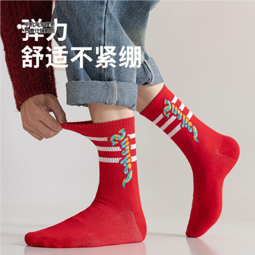 2025年蛇年屬蛇本命年紅襪子男款紅色中筒襪純棉情侶款卡通大紅襪