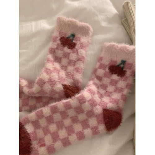 卡通倣水貂毧長襪子睡眠襪女鼕季加毧加厚保暖珊瑚毧中筒月子家居