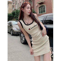 新款撞色U領修身女夏收腰吊帶
