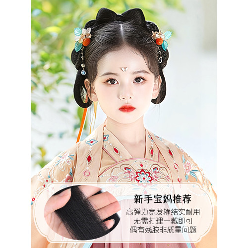 一躰式頭飾古裝女童蝴蝶結假發