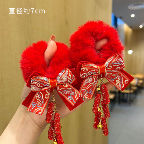 新年紅色兒童拜年發圈2025新款國風毛毧發繩女童寶寶過年漢服發飾