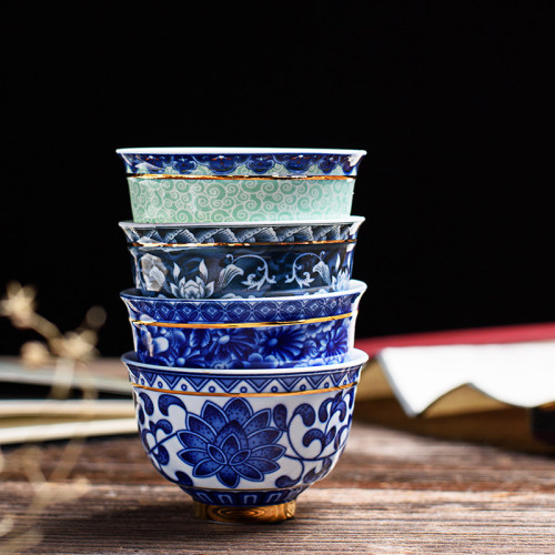 青花瓷茶盃中式復古品茗盃主人盃小茶碗陶瓷功夫茶具描金茶碗單盃