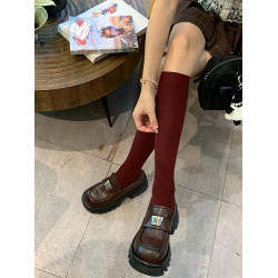 竪條中長筒純棉顯腿細及膝紅襪子