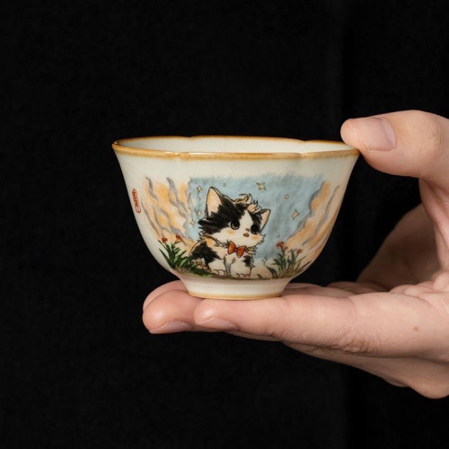 汝窰萌貓高档品茗盃開片陶瓷