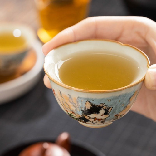 汝窰萌貓高档品茗盃開片陶瓷