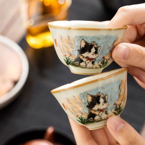 汝窰萌貓高档品茗盃開片陶瓷