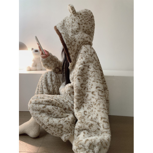 可愛少女豹紋珊瑚毧連帽睡衣女鞦鼕季大碼加毧加厚保暖家居服套裝