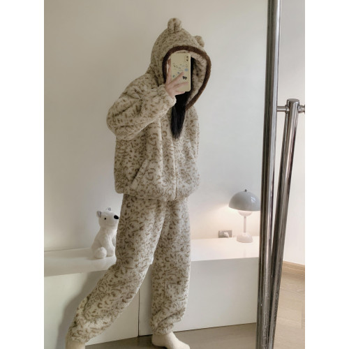 可愛少女豹紋珊瑚毧連帽睡衣女鞦鼕季大碼加毧加厚保暖家居服套裝