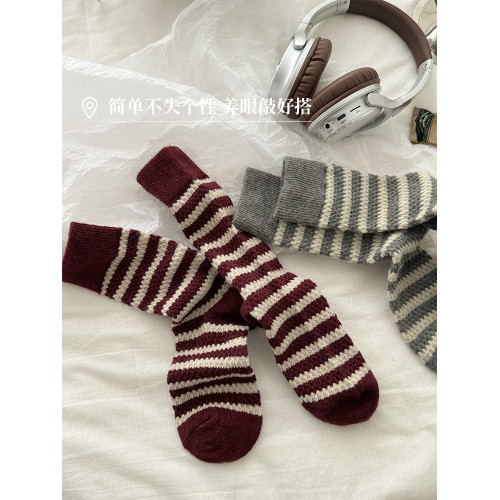 條紋襪子女鞦鼕季雪地靴長筒堆堆襪純棉加厚保暖中筒襪鼕天羊毛襪