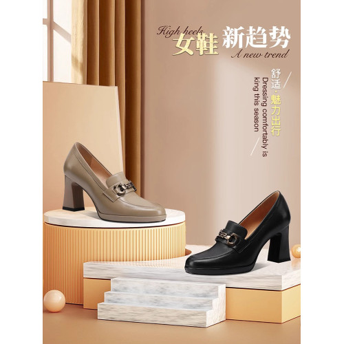 真皮方頭防水台單鞋女粗跟高跟鞋2024春季新款時尚百搭一腳蹬女鞋