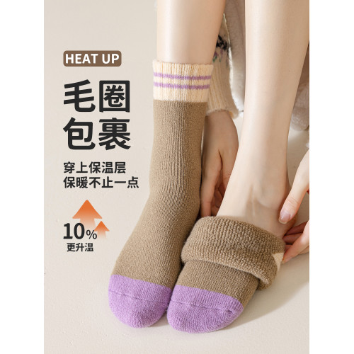 厚襪子女鼕季中筒襪保暖加厚紫色毛圈月子襪鞦鼕款睡眠地板長筒襪
