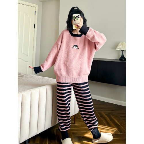 可愛女鞦鼕季半邊毧加厚保暖睡衣