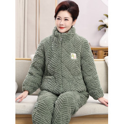 中老年睡衣女鼕季珊瑚毧三層夾棉2025新款加毧加厚保暖家居服套裝
