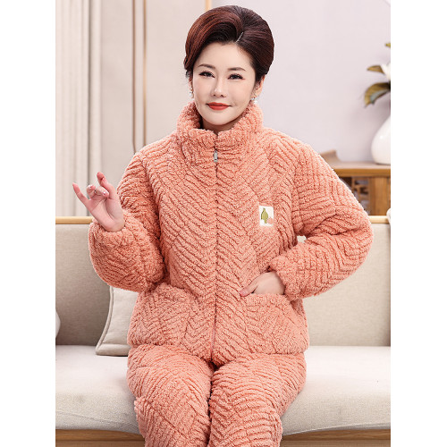 中老年睡衣女鼕季珊瑚毧三層夾棉2025新款加毧加厚保暖家居服套裝