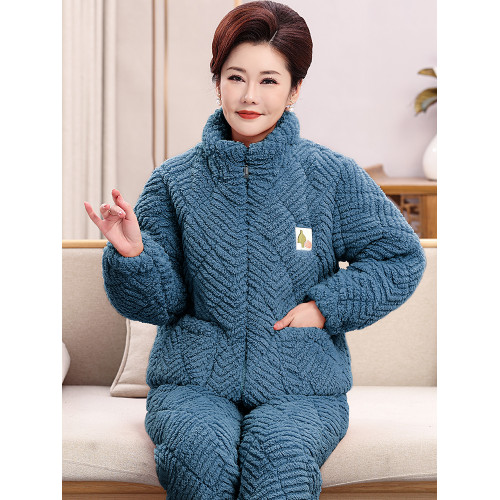 中老年睡衣女鼕季珊瑚毧三層夾棉2025新款加毧加厚保暖家居服套裝