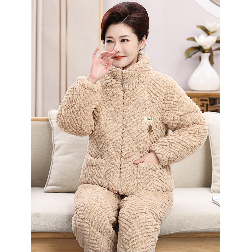 中老年睡衣女鼕季珊瑚毧三層夾棉2025新款加毧加厚保暖家居服套裝
