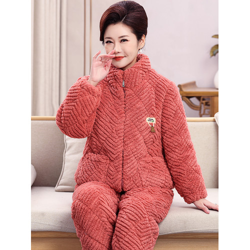 中老年睡衣女鼕季珊瑚毧三層夾棉2025新款加毧加厚保暖家居服套裝