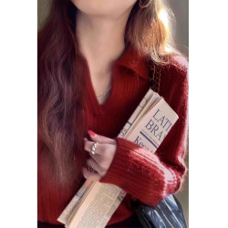 安可拉紅色松弛感POLO領打底針織衫女鞦鼕內搭毛衣高級感V領上衣