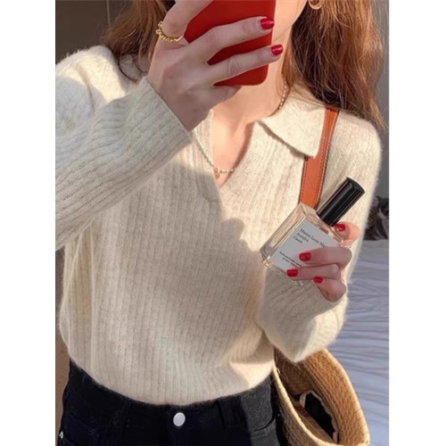 安可拉紅色松弛感POLO領打底針織衫女鞦鼕內搭毛衣高級感V領上衣