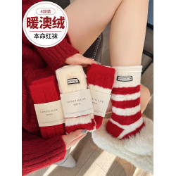 本命年紅襪子女款鞦鼕加毧加厚保暖襪2025新年紅色條紋地板襪鼕天